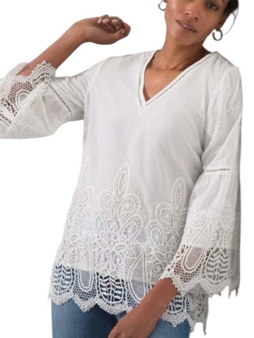 Size 3 Chico's White Lace-Trim V-Neck Tunic Top